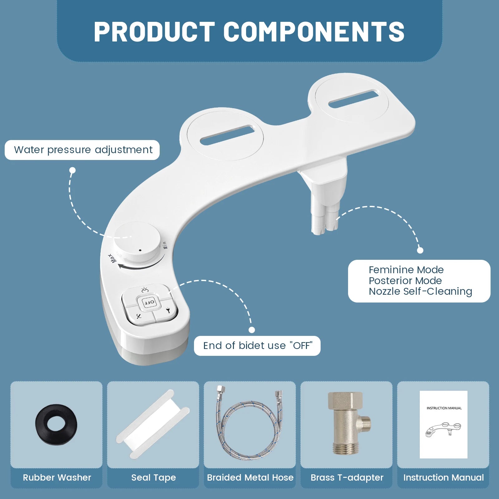 Cleovra Self-Cleaning Bidet Attachment – Non-Electric, Ultra-Thin Design with Dual Nozzles & Side Arm Control